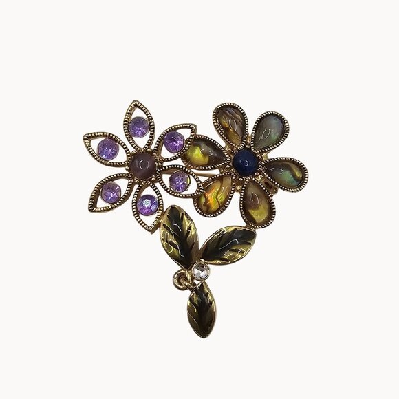 Gold Tone Purple Green Enamel Rhinestone Floral Whimsigoth Fairycore Boho Brooch - Picture 7 of 12